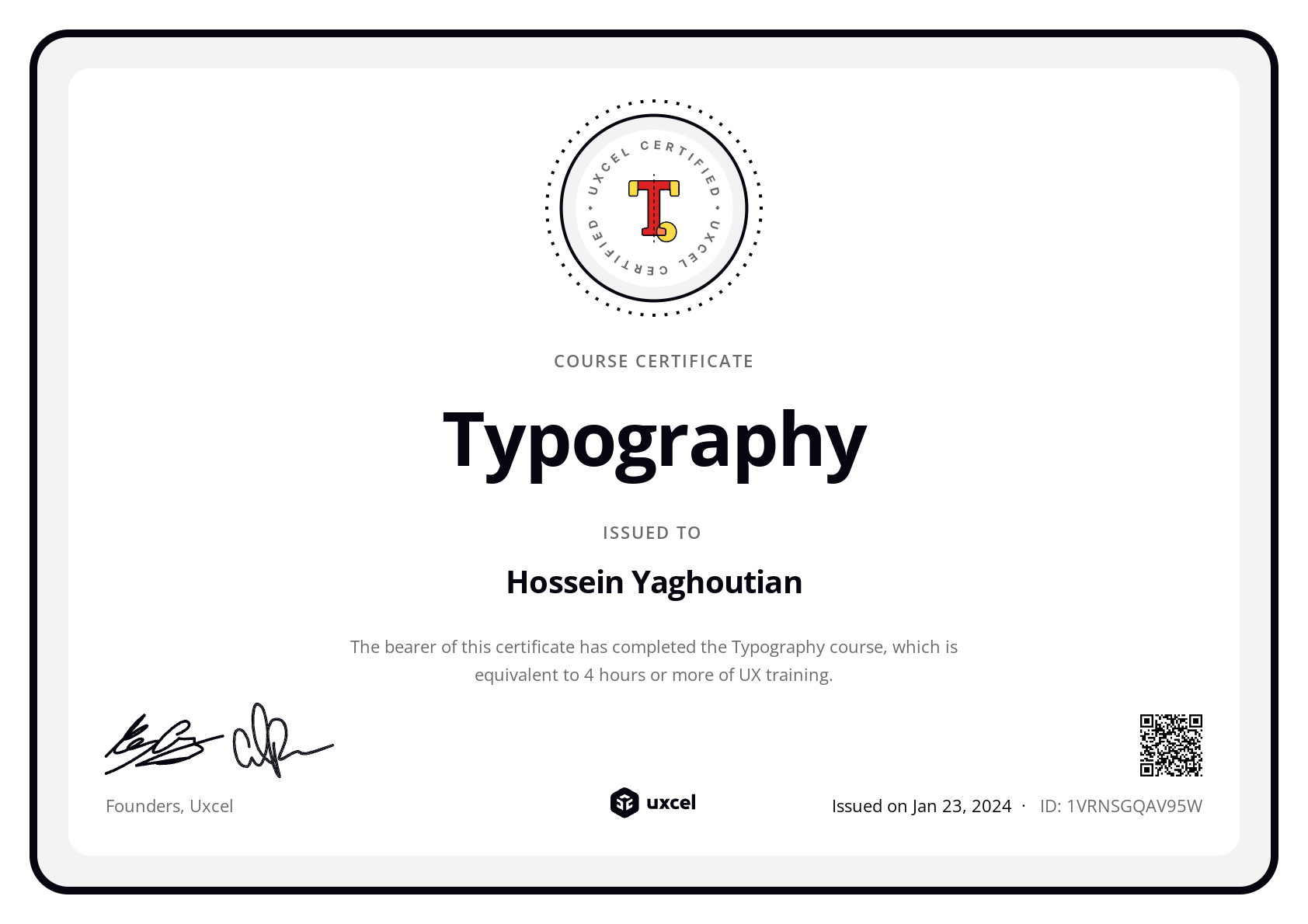Hossein Yaghoutian's certificate